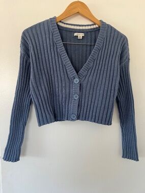 American Eagle Chunky Ribbed Cropped Cardigan Slate Blue Button-Up V-Neck (S)